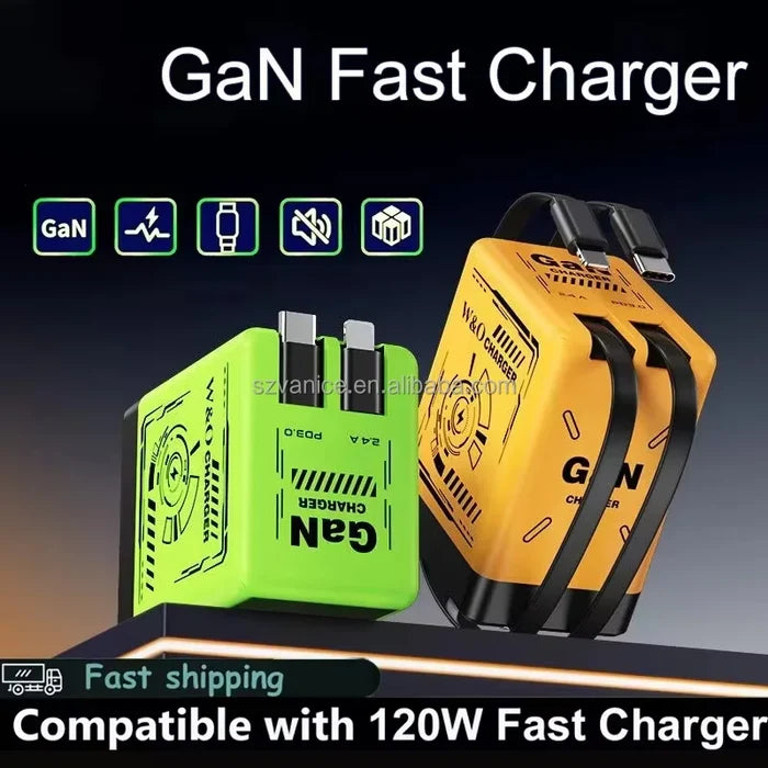120W USB-C PD GaN Fast Charger With Retractable Type C Charging Cable