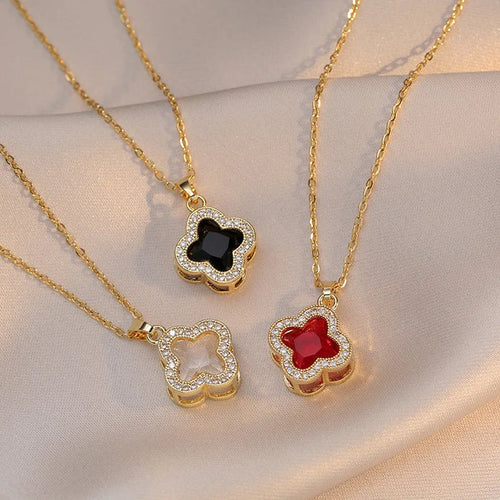 18K Gold Black Clover Pendant Necklace