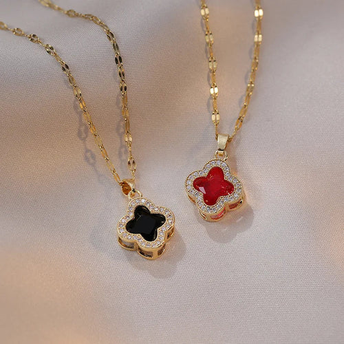 18K Gold Black Clover Pendant Necklace