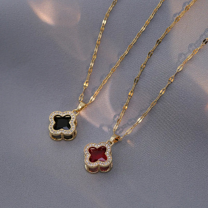 18K Gold Black Clover Pendant Necklace