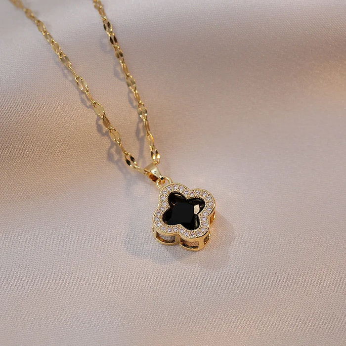 18K Gold Black Clover Pendant Necklace
