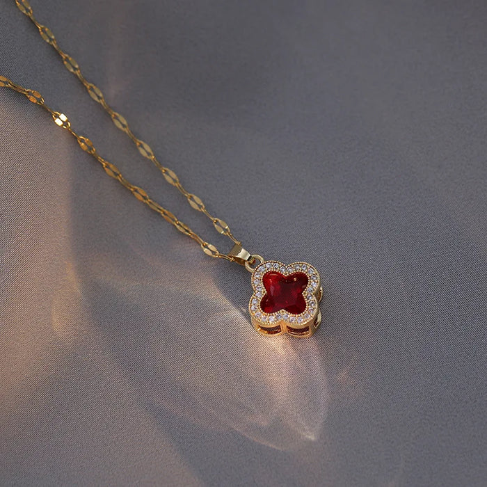 18K Gold Black Clover Pendant Necklace