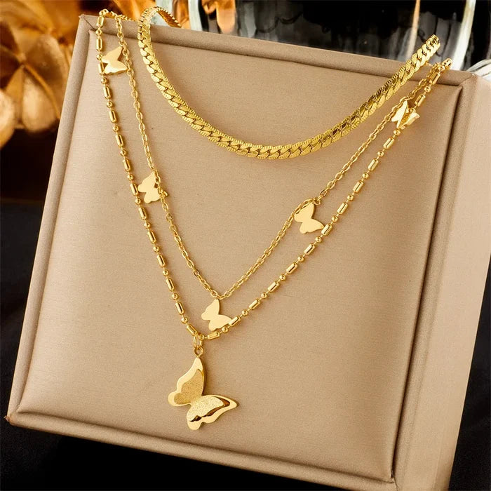 18K Gold Plated Butterfly Necklace - Multi Layer Design
