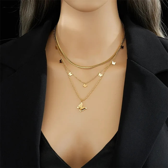 18K Gold Plated Butterfly Necklace - Multi Layer Design