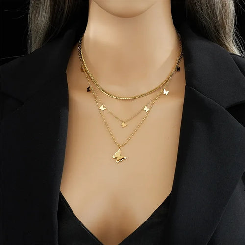 18K Gold Plated Butterfly Necklace - Multi Layer Design