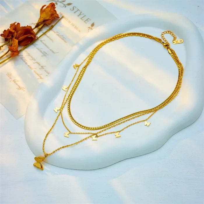 18K Gold Plated Butterfly Necklace - Multi Layer Design