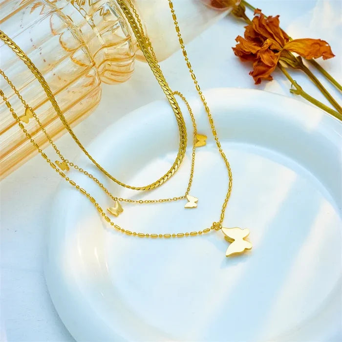 18K Gold Plated Butterfly Necklace - Multi Layer Design