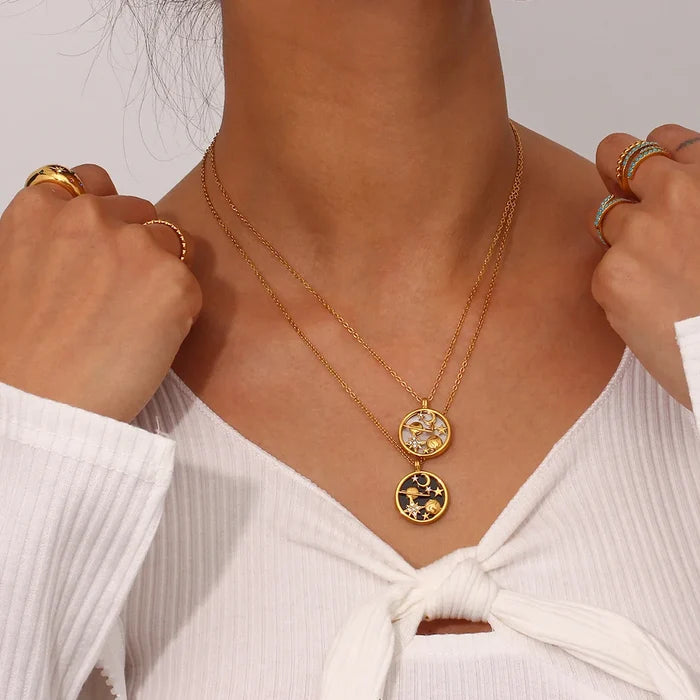 18K Gold Plated Moon & Stars Necklace with Zircon