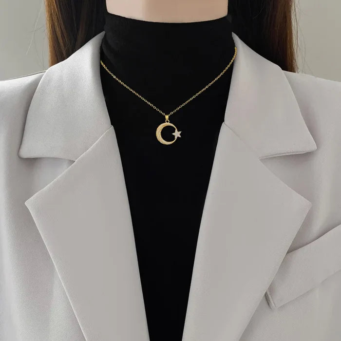 18K Gold Star Moon Pendant Necklace with Zirconia