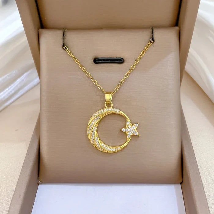 18K Gold Star Moon Pendant Necklace with Zirconia