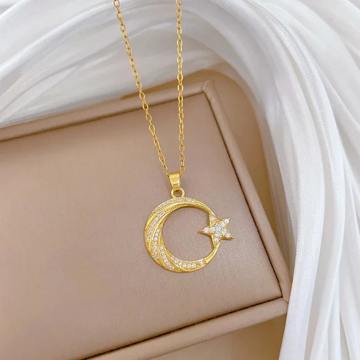 18K Gold Star Moon Pendant Necklace with Zirconia