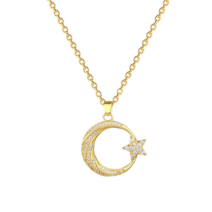 18K Gold Star Moon Pendant Necklace with Zirconia