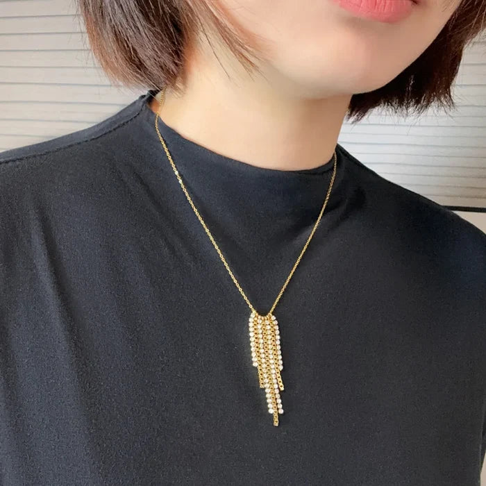 18K Gold Tassel Zircon Charm Necklace