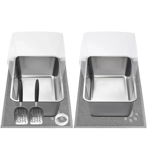 Stainless steel cat litter box with hood, mat, and scoops for clean pet care
