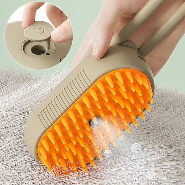 Pet grooming brush with orange bristles spraying mist for dog or cat fur care
