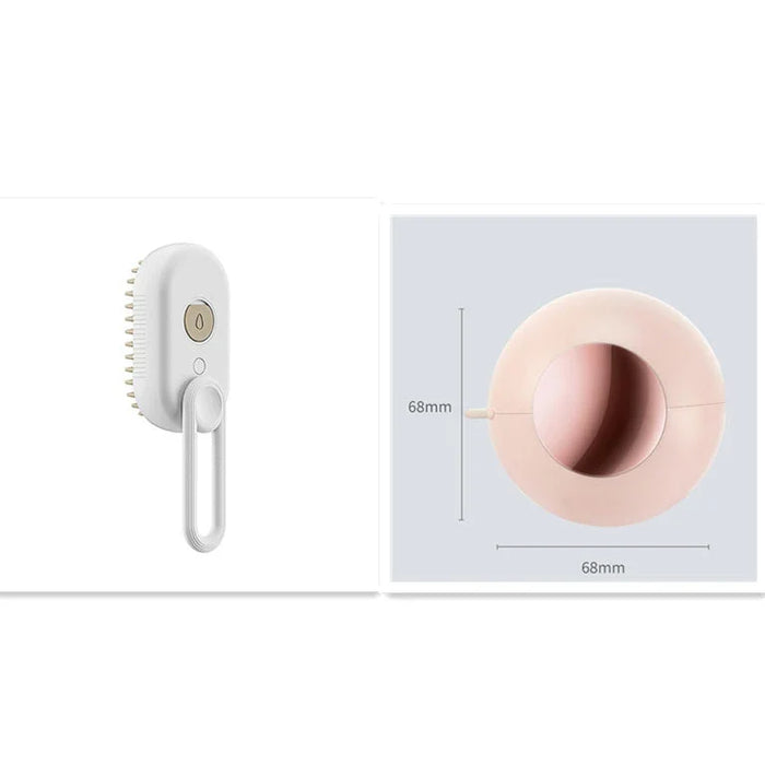 White pet grooming brush with soft bristles and pink silicone massage pad, 68mm diameter
