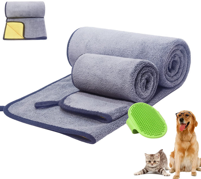 Grey microfiber pet towel set with a green grooming brush for dogs and cats.