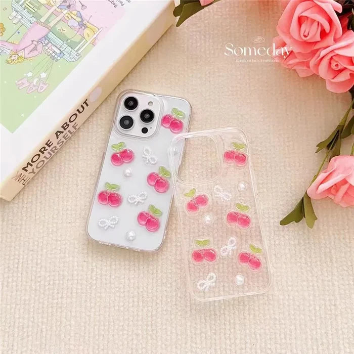 3D Cherry iPhone Case with Butterfly & Pearl Design
