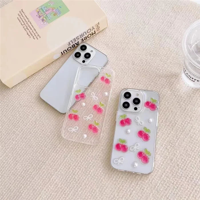 3D Cherry iPhone Case with Butterfly & Pearl Design