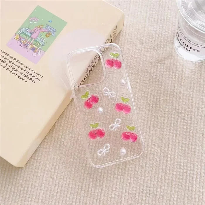 3D Cherry iPhone Case with Butterfly & Pearl Design