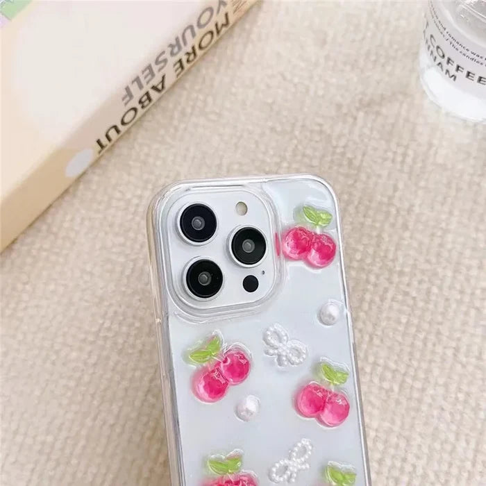 3D Cherry iPhone Case with Butterfly & Pearl Design