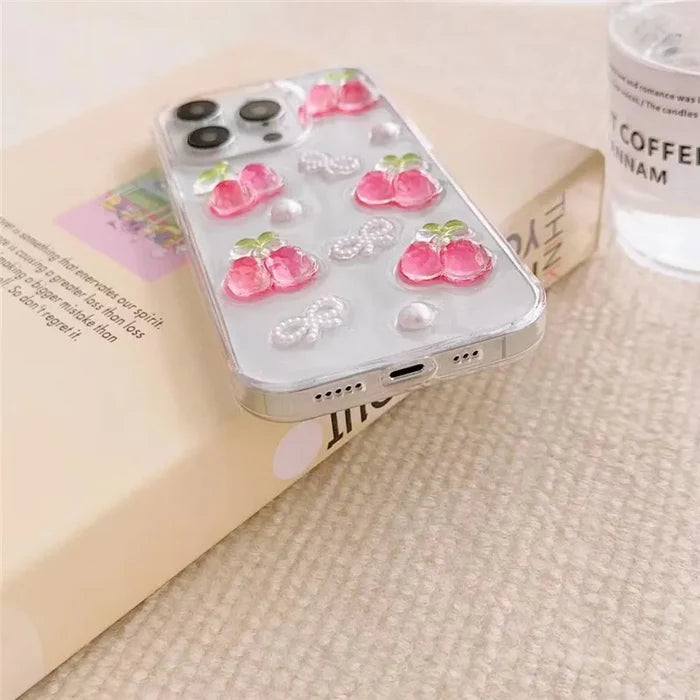3D Cherry iPhone Case with Butterfly & Pearl Design