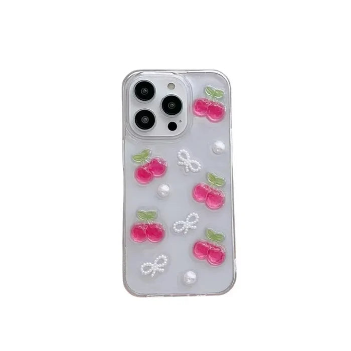 3D Cherry iPhone Case with Butterfly & Pearl Design