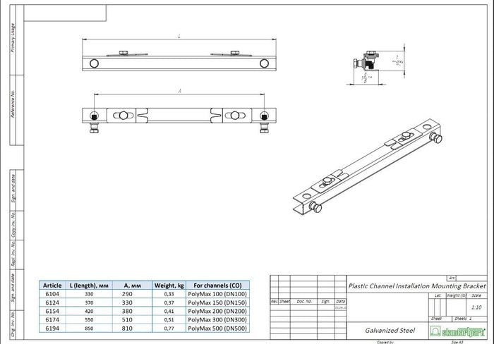 Specification Sheet of 4" Channel Installation Mounting Bracket Accessories.