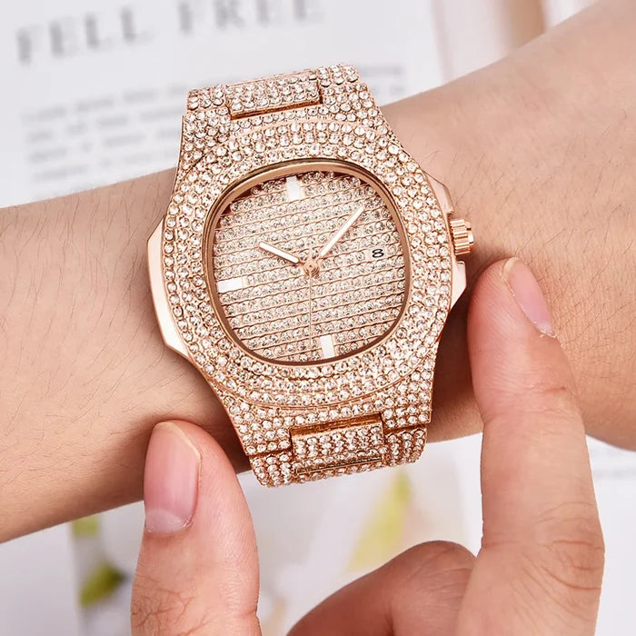 43MM Gold Silver Custom Logo Iced Out Quartz Watch