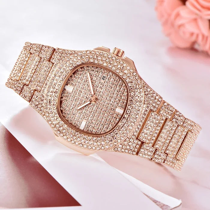 43MM Gold Silver Custom Logo Iced Out Quartz Watch