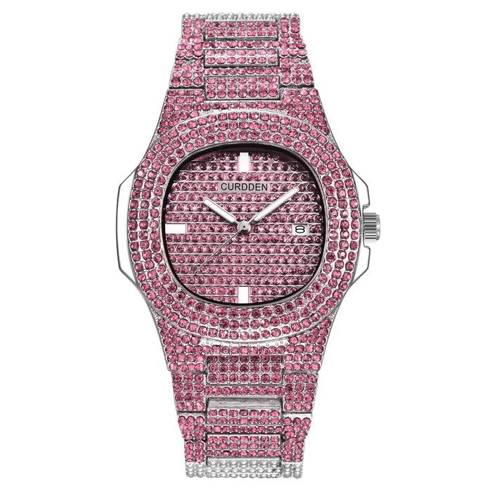 43MM Gold Silver Custom Logo Iced Out Quartz Watch