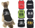 Funny dog shirts with slogans like 'I Work Out' and 'FBI The Detective Pup' for pet fashion.