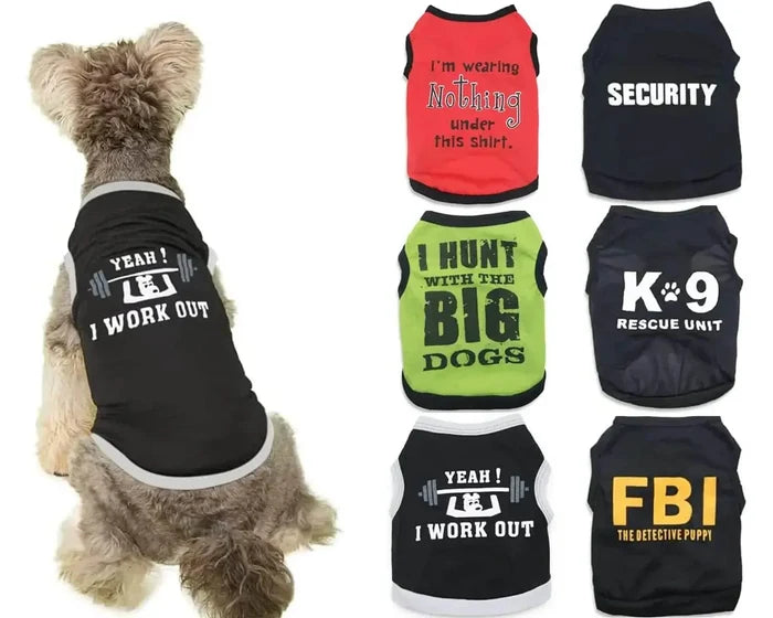 Funny dog shirts with slogans like 'I Work Out' and 'FBI The Detective Pup' for pet fashion.