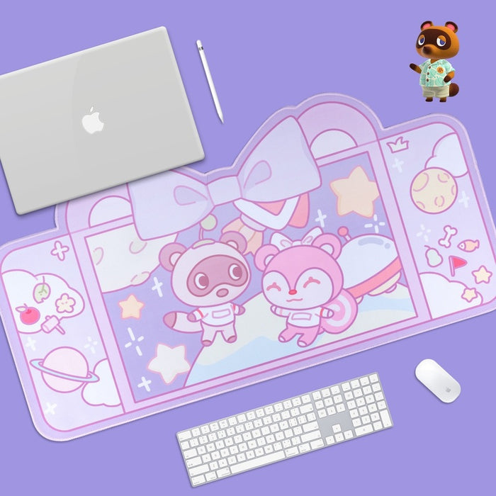 ACNH Gaming Mouse Pad with Designs: pink, lavender cartoon animal characters with space theme, kawaii cartoon style