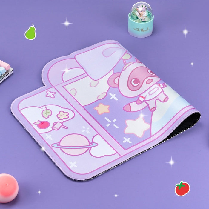 ACNH Gaming Mouse Pad with Designs: pink, lavender cartoon animal characters with space theme, kawaii cartoon style