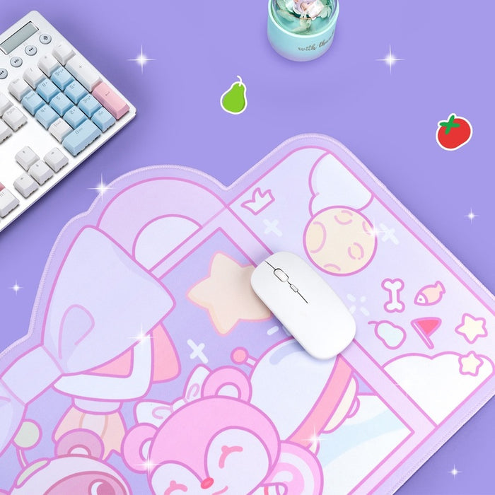 ACNH Gaming Mouse Pad with Designs: pink, lavender cartoon animal characters with space theme, kawaii cartoon style