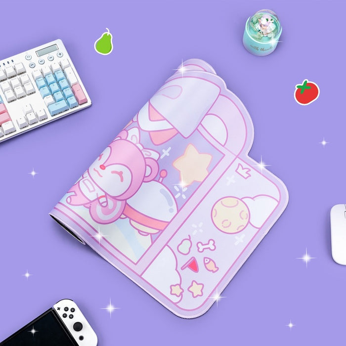 ACNH Gaming Mouse Pad with Designs: pink, lavender cartoon animal characters with space theme, kawaii cartoon style