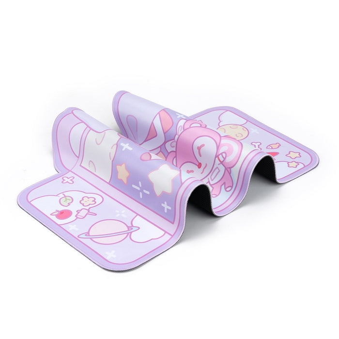 ACNH Gaming Mouse Pad with Designs: pink, lavender cartoon animal characters with space theme, kawaii cartoon style