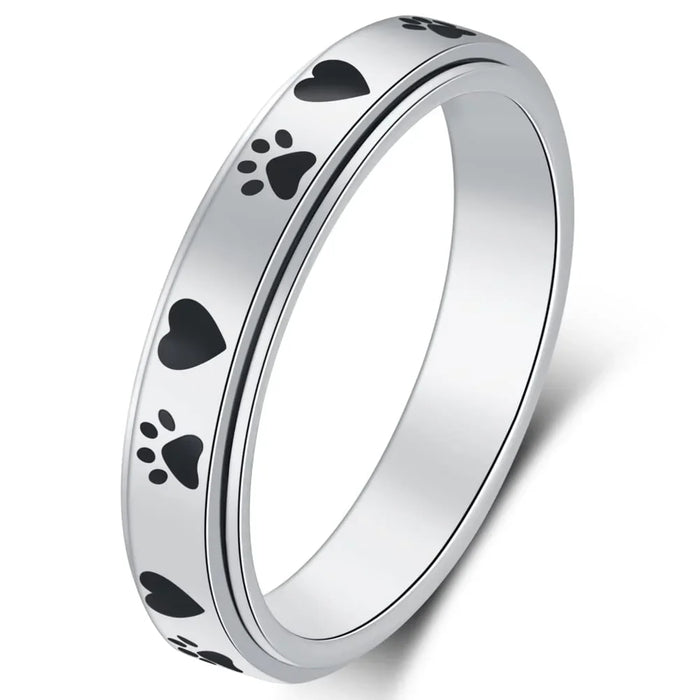 Silver pet lover ring with black paw prints and hearts, ideal for dog or cat owners