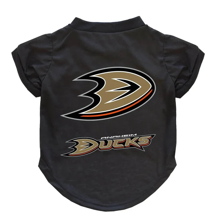 Black pet shirt with Anaheim Ducks logo, perfect for dog or cat fans of the NHL team.