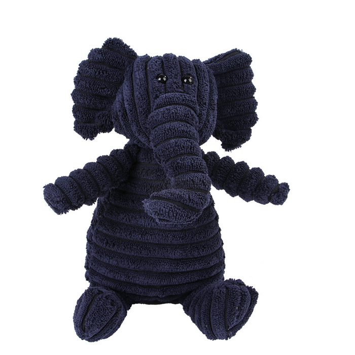 Navy blue ribbed plush elephant toy for dogs and cats on a white background