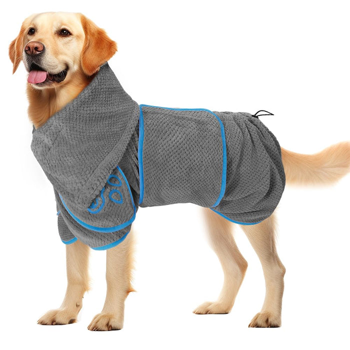 Golden Retriever wearing a grey microfiber hooded pet drying robe with blue trim