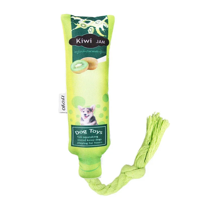 Kiwi Jam dog toy with squeaker and rope tassel for playful pets