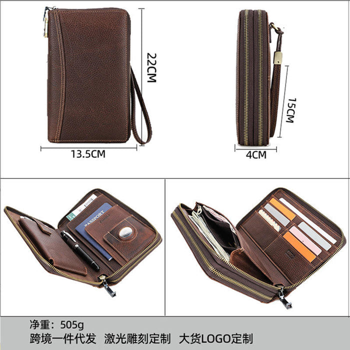 Black Angel Litchi Leather Double Zip Clutch Wrist Strap with Password Lock Travel Passport Bag