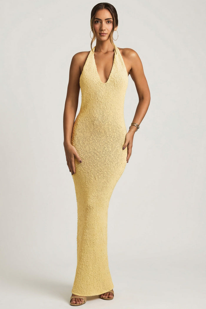 Bouclé Halterneck Maxi Dress in Yellow