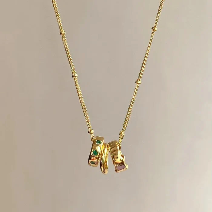 Brass Necklace with Green Zircon Triple Circle Pendant