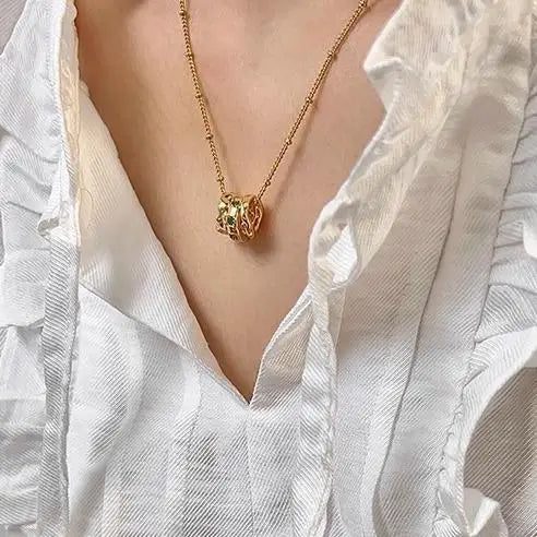 Brass Necklace with Green Zircon Triple Circle Pendant