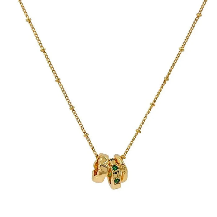 Brass Necklace with Green Zircon Triple Circle Pendant