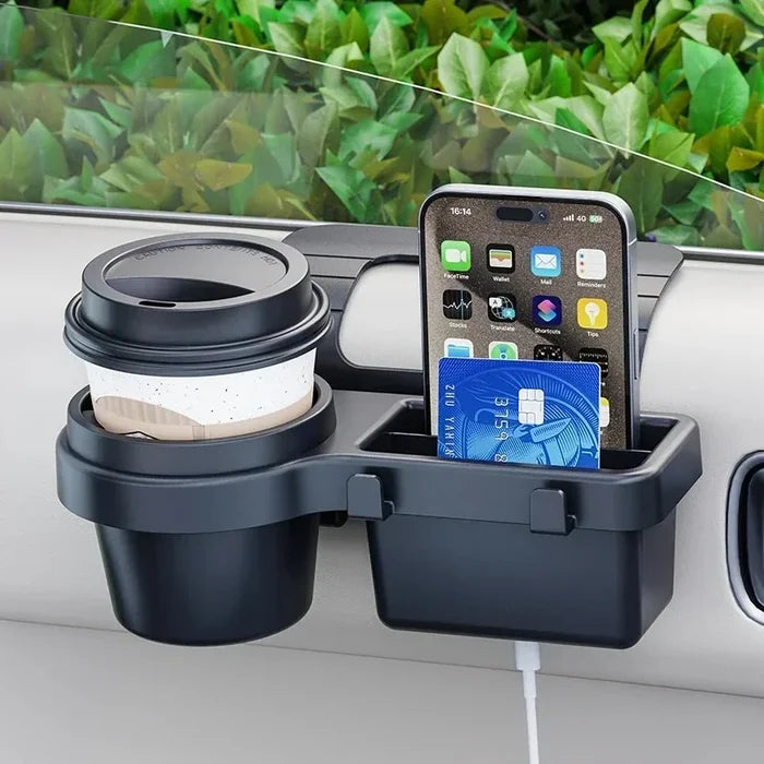 Car Cup Holder & Storage Tray with Phone Mount