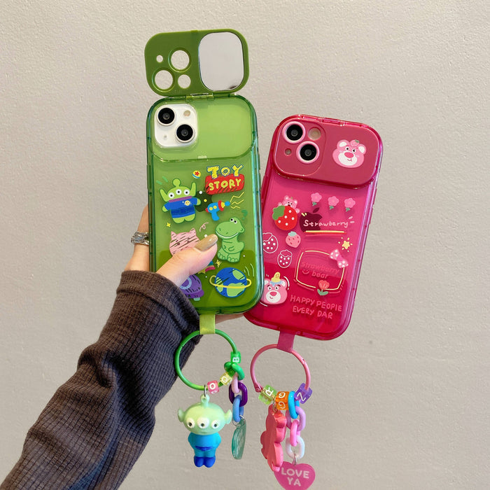 Cartoon Mirror Stand Silicone Case with Chain – Cute Toy Design Shockproof Back Cover for iPhone 16–11 Pro Max